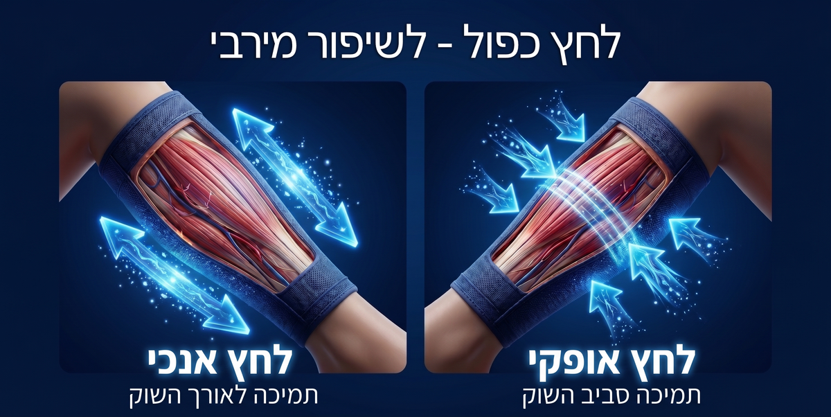 המחשה של לחץ כפול במגפי Roteo Air-Press: לחץ אנכי לאורך השוק ולחץ אופקי סביב השוק