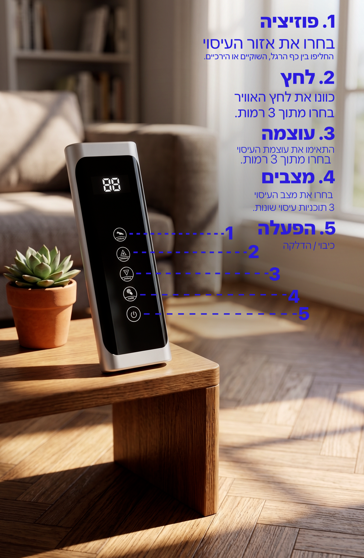 בקר מגפי Roteo Air-Press על שולחן עץ עם הסבר על חמשת הכפתורים: מיקום, לחץ, עוצמה, מצבים והפעלה